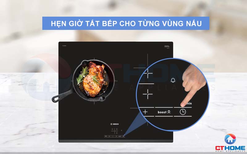 Tiện nghi hơn khi dễ dàng hẹn giờ từng vùng nấu trên bếp từ Bosch PUC631BB1E.