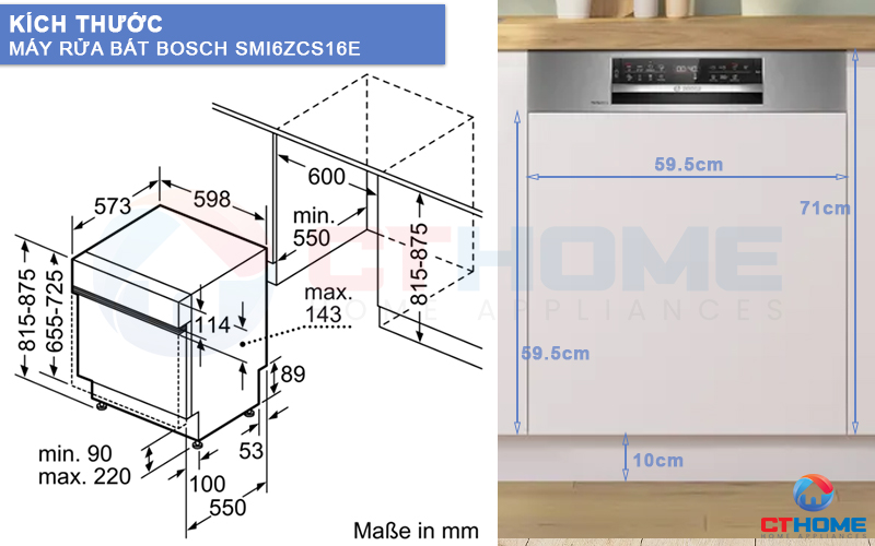 Kích thước máy rửa bát Bosch SMI6ZCS16E