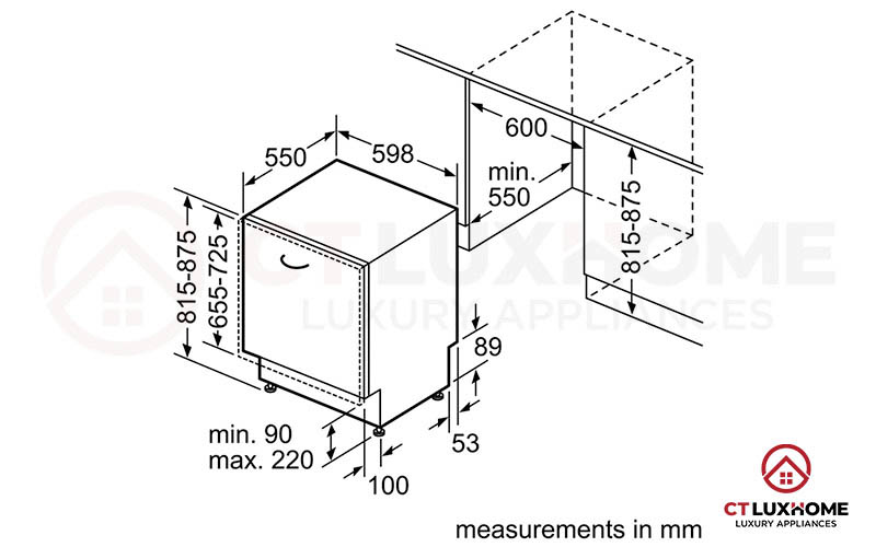 Kích thước phổ biến máy rửa bát Bosch âm tủ.