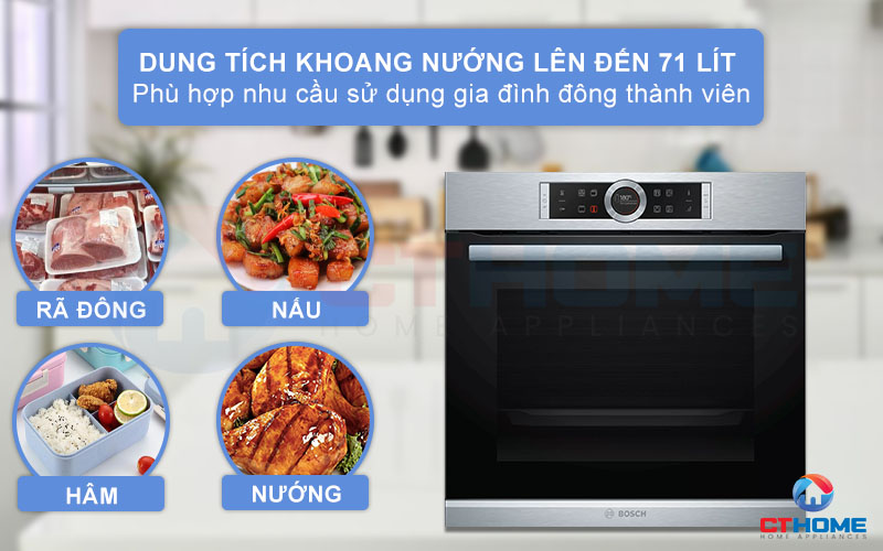 Dung tích nướng 71 lít phù hợp cho nhu cầu sử dụng gia đình 4-6 thành viên