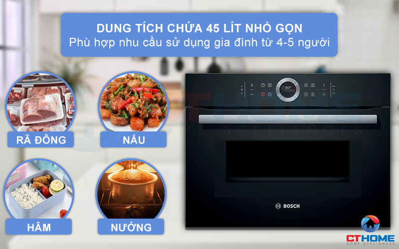 Dung tích nướng và vi sóng với 45 lít sử dụng cho gia đình từ 4-5 thành viên
