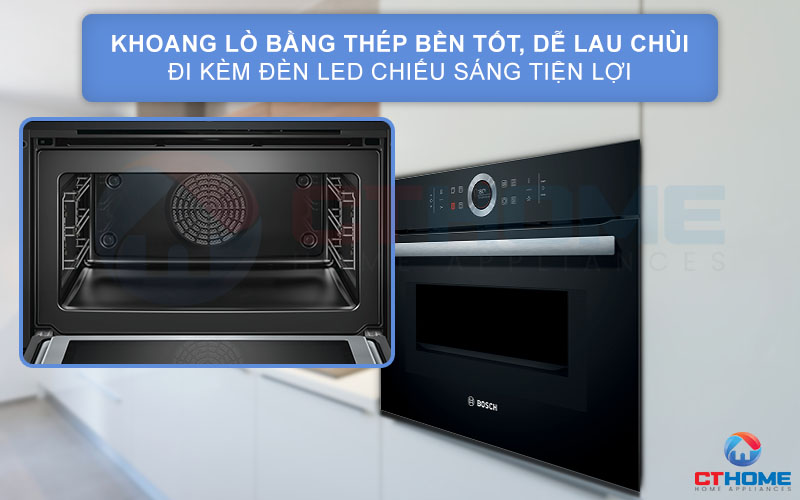 Khoang lò bằng thép không gỉ giúp bền bỉ, chịu nhiệt tốt và dễ lau chùi hơn