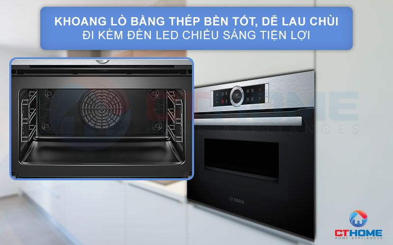 Khoang lò vi sóng Bosch CMG633BS1B với chất liệu thép không gỉ, bền tốt và dễ lau chùi