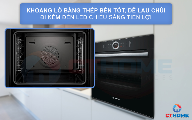 Khoang lò HBG633BB1B được làm bằng thép tráng men bền tốt, dễ lau chùi đi kèm đèn chiếu sáng Halogen tiện lợi