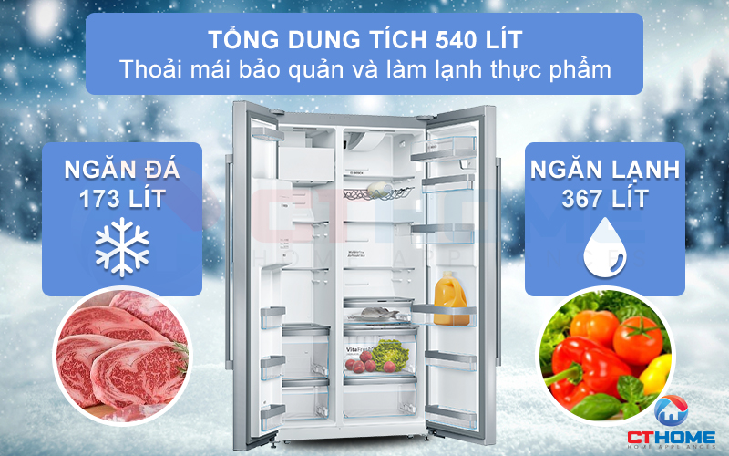 Tổng dung tích đến 540 lít cho bạn thoải mái bảo quản và làm lạnh thực phẩm