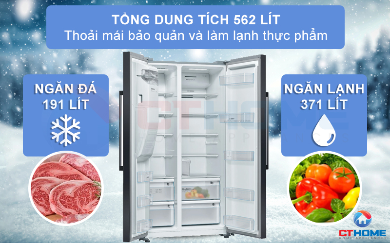Tủ lạnh Bosch KAI93VBFP được tăng dung tích chứa lên XXL với thể tích thực 562 lít