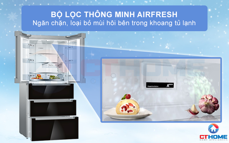 ộ lọc thông minh AirFresh sẽ giúp ngăn chặn và loại bỏ mùi hôi ám bên trong tủ lạnh Bosch KFN86AA76J