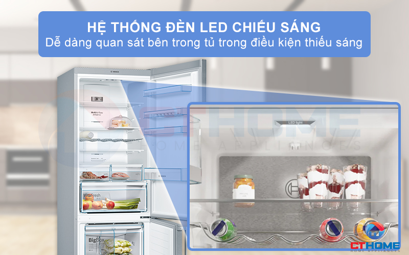 Khoang tủ lạnh KGN56XI40J được trang bị thêm đèn LED chiếu sáng đồng đều
