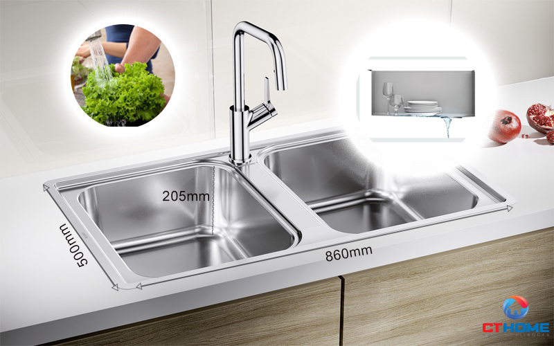 Chậu rửa với thiết kế hai hố lớn, đảm bảo việc ngâm rửa rau củ, vật dụng thoải mái