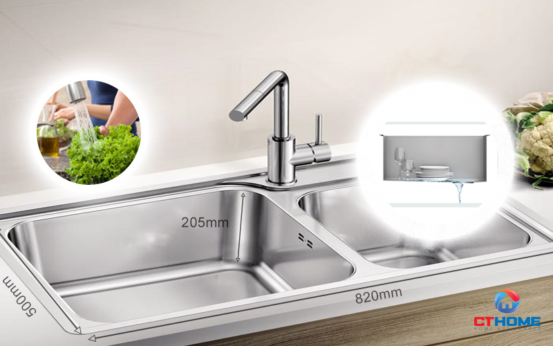 Chậu rửa với thiết kế hai hố tối ưu, đảm bảo việc ngâm rửa rau củ, vật dụng thoải mái
