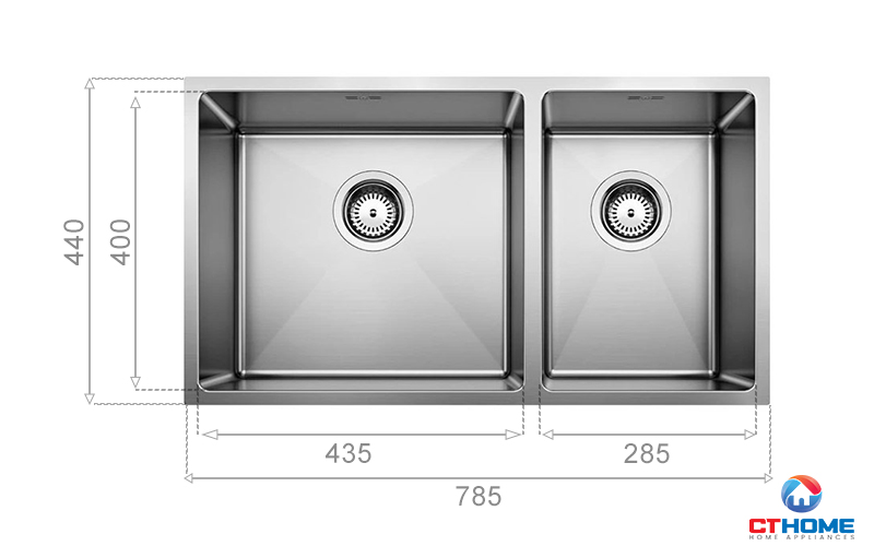 Chậu rửa 2 hố với 1 hố nhỏ và 1 hố lớn đáp ứng đầy đủ nhu cầu ngâm rửa