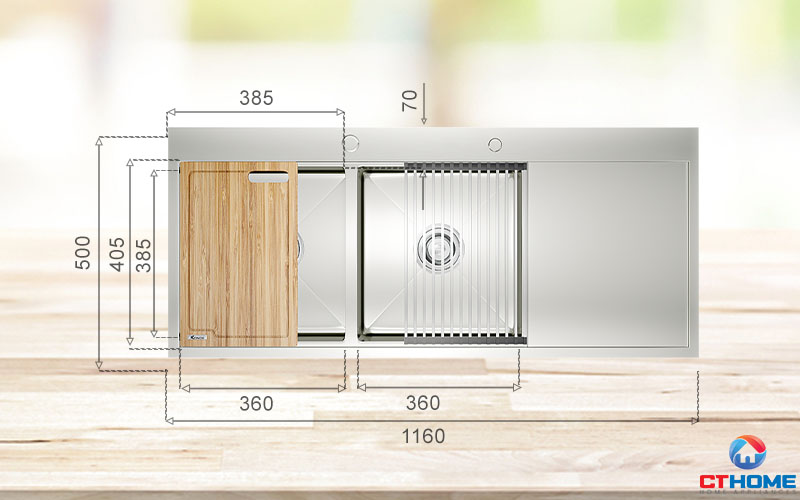 Chậu rửa 2 hố kích thước lớn đáp ứng nhu cầu rửa rau củ, vật dụng