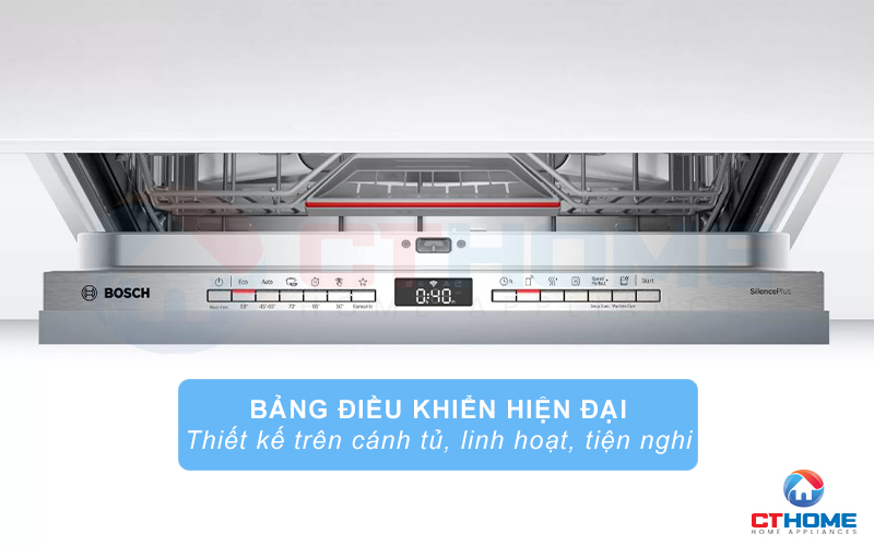 Bảng điều khiển của máy rửa chén Bosch SGH4HCX48E được đặt ở mặt trên cánh tủ