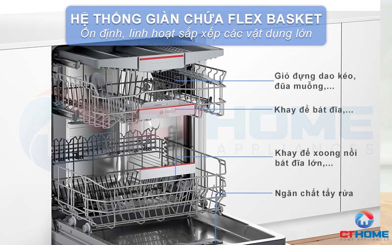 Hệ thống giàn rửa Flex Basket mang đến không gian chứa rộng rãi