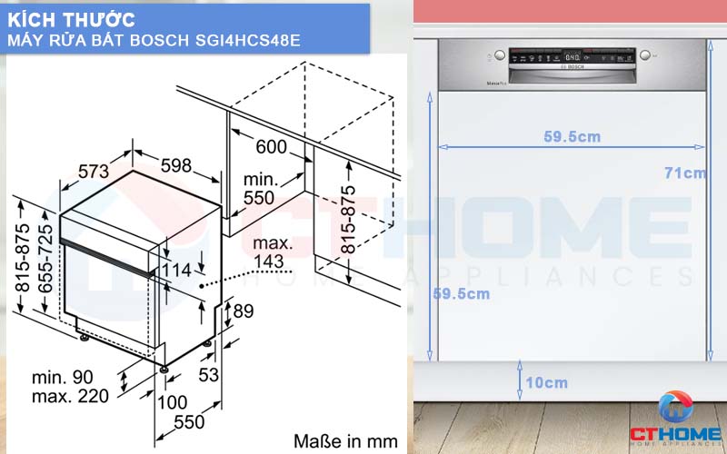 Kích thước máy rửa bát SGI4HCS48E và tấm ốp gỗ