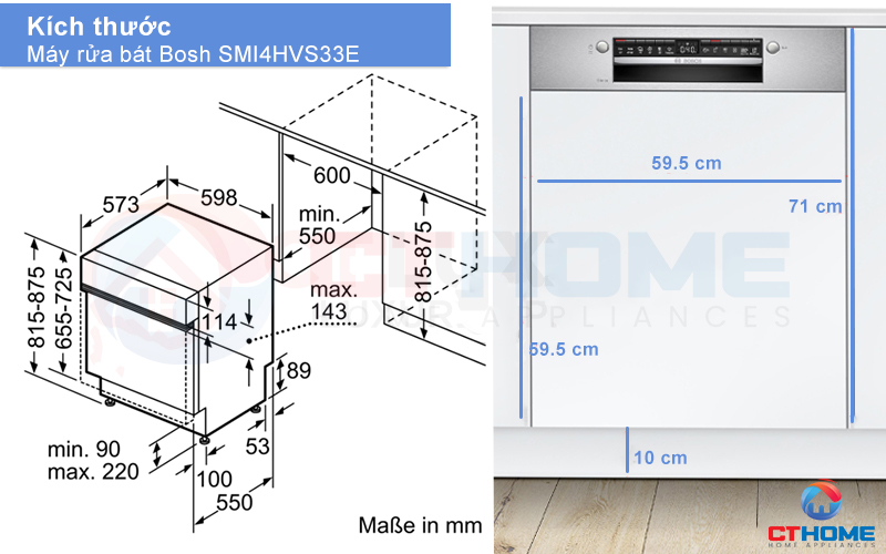 Kích thước của máy rửa chén bán âm SMI4HVS33E