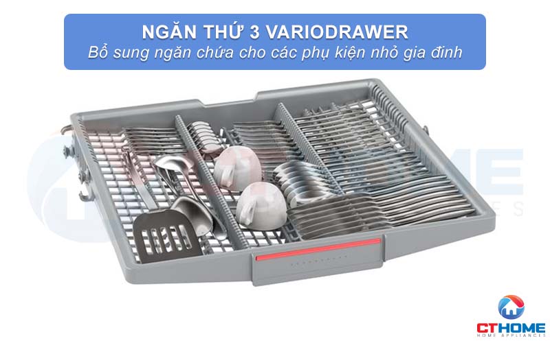 Ngăn thứ 3 VarioDrawer chứa lý tưởng để đựng các phụ kiện nhỏ trong gia đình như muỗng đũa, thìa dĩa