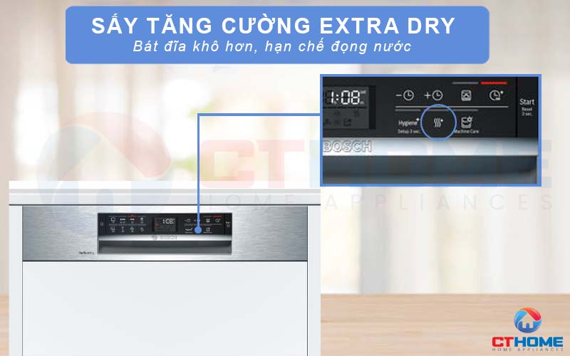 Chức năng sấy tăng cường máy rửa bát Bosch SMI68MS04E giúp bát đĩa khô nhanh hơn