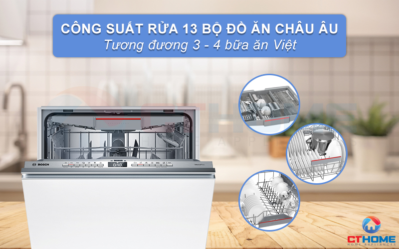 Máy rửa bát Bosch SMV4ECX14E có công suất rửa lên tới 13 bộ đồ ăn Châu Âu