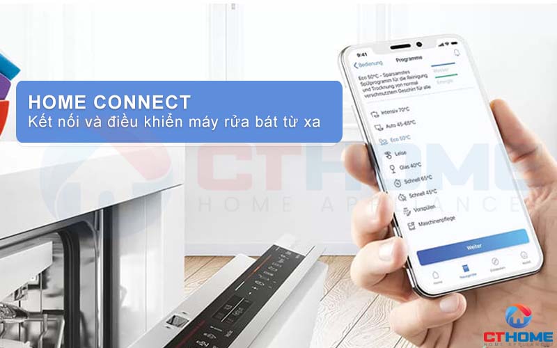 Công nghệ Home Connect cho phép người dùng kết nối và điều khiển máy rửa bát từ xa.
