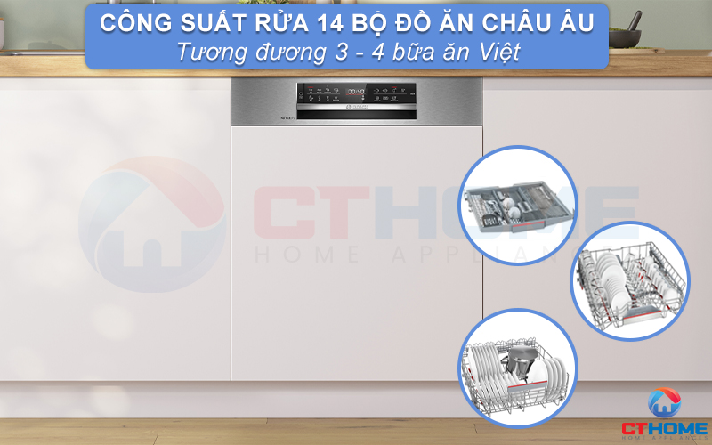 Dung tích rửa lớn, công suất rửa 14 bộ đồ ăn phù hợp gia đình 4-6 người