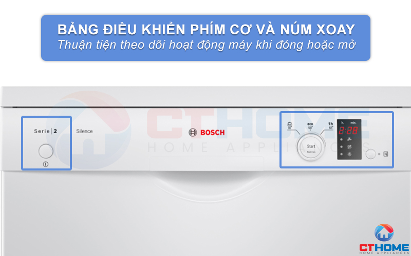 Máy rửa bát Bosch SMS23BW01T Serie 2 sử dụng bảng điều khiển phím cơ và núm xoay sắc nét