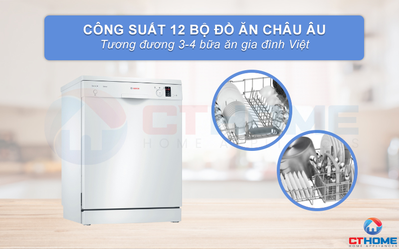 Công suất rửa của máy rửa bát Bosch SMS23BW01T Serie 2 có thể đạt tối đa 12 bộ đồ ăn