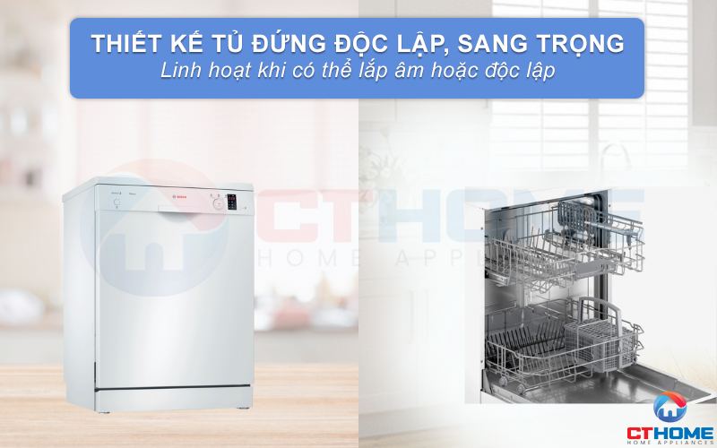 Người dùng có thể lựa chọn lắp độc lập hoặc âm cho Máy rửa bát Bosch SMS23BW01T Serie 2
