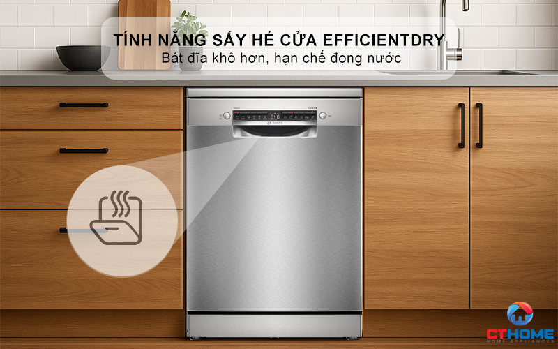 Tính năng sấy hé cửa EficientDry giúp bát đĩa khô hơn, hạn chế đọng nước