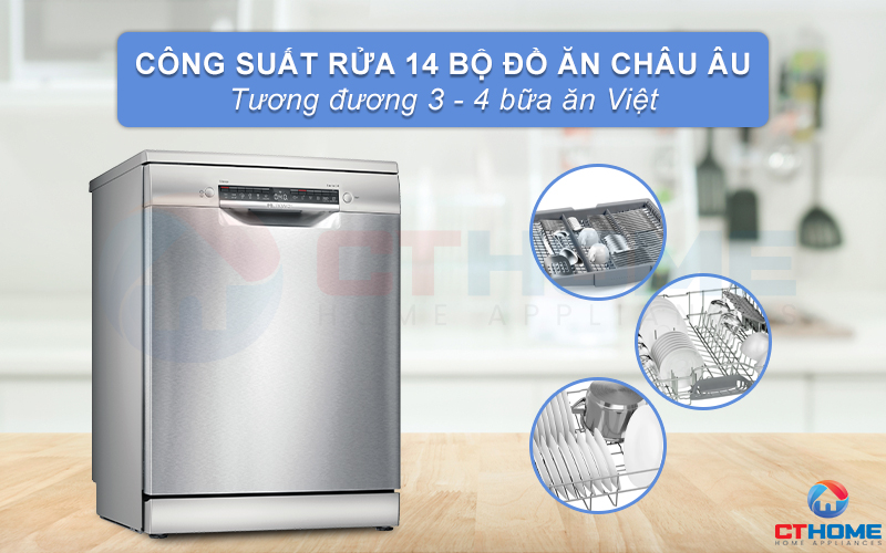 Dung tích chứa lớn, công suất rửa 14 bộ đồ ăn phục vụ nhu cầu gia đình 4-6 người
