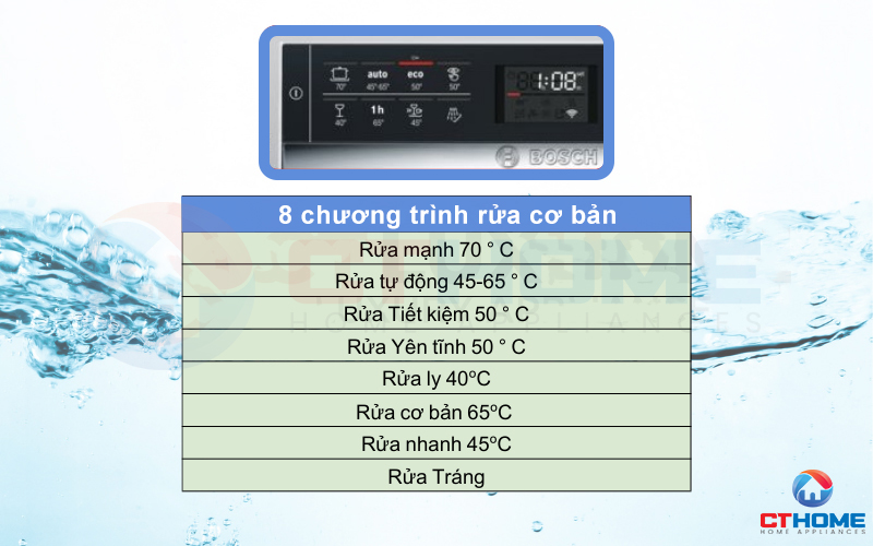 Thoải mái lựa chọn 8 chương trình cơ bản và 5 chương trình rửa bổ sung theo nhu cầu.