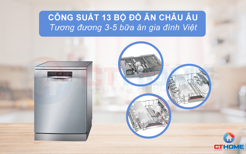 Công suất rửa của Máy rửa bát Bosch SMS68UI02E tối đa là 13 bộ đồ ăn Châu  u.
