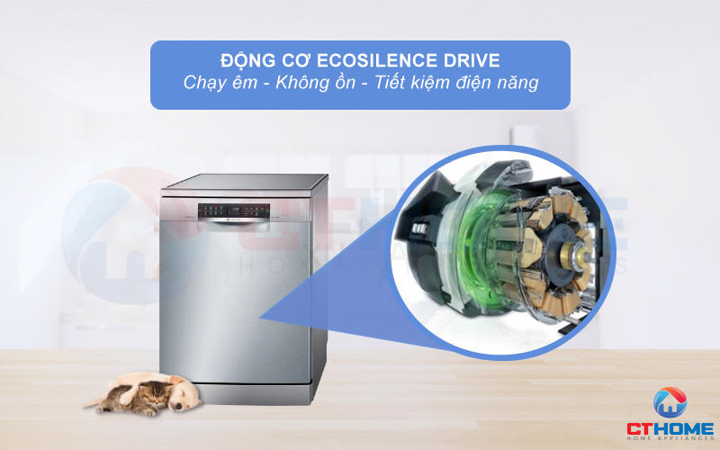 Độ ồn của Máy rửa bát Bosch SMS68UI02E Serie 6  ở mức 42dB nhờ động cơ EcoSilence Drive.