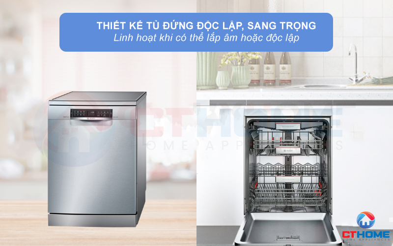 Máy rửa bát Bosch SMS68UI02E linh hoạt khi có thể lắp âm hoặc độc lập.