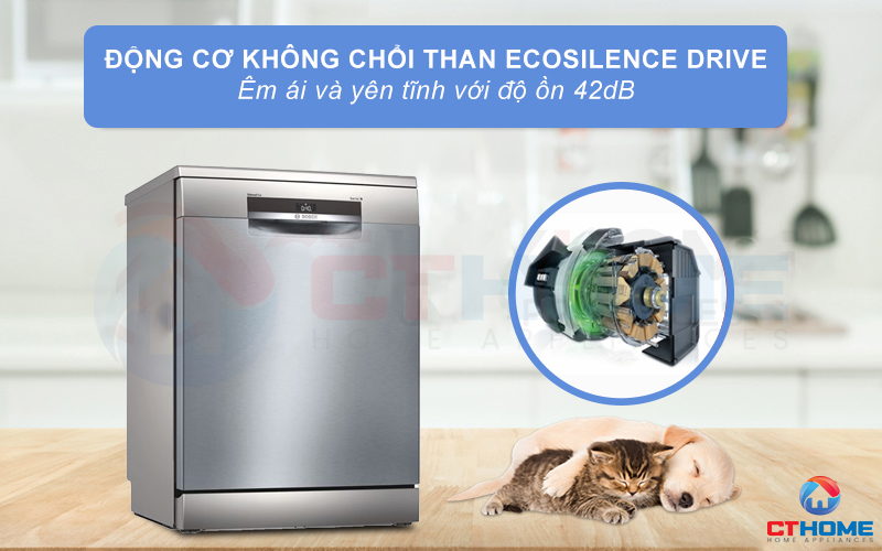 Động cơ EcoSilence Drive giúp máy rửa bát 13 bộ Bosch SMS6EDI06E có độ ồn ở mức 42dB.