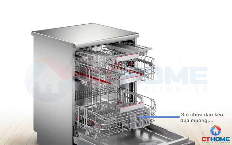 Máy rửa bát độc lập Bosch SMS6EDI06E được trang bị thêm giỏ đựng dao kéo, đũa muỗng,...