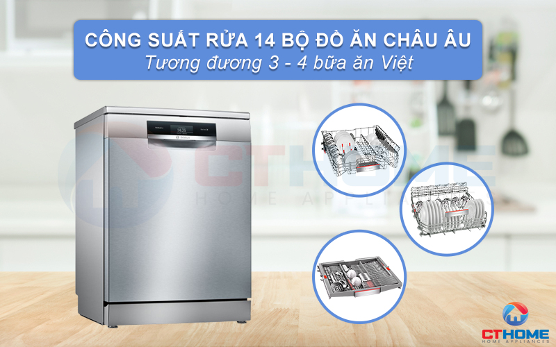 Máy rửa chén Bosch SMS88TI40M có thể rửa tối đa 14 bộ đồ ăn châu Âu