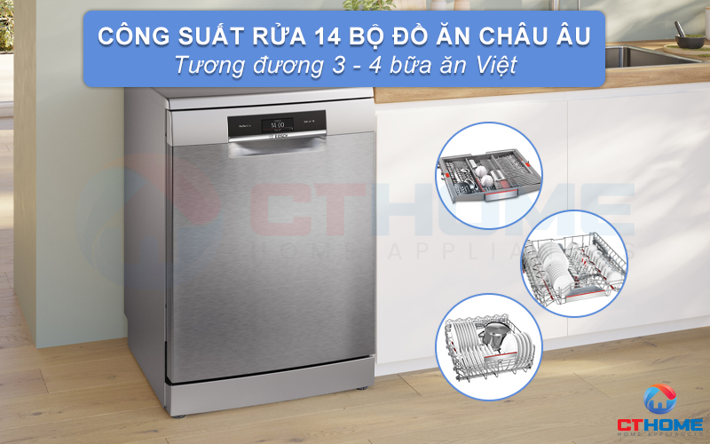 Dung tích rửa lớn, công suất rửa 14 bộ đồ ăn phù hợp gia đình 4-6 người