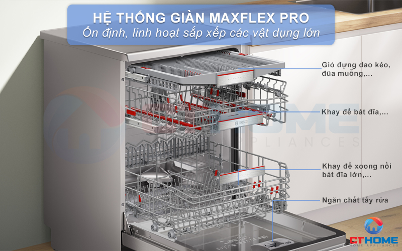 Giàn rửa MaxFlex Pro linh hoạt cùng khớp nối Rackmatic khay điều chỉnh 3 nấc sắp xếp gọn gàng 