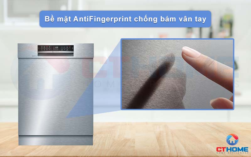 Chất liệu chống bám vân tay AntiFingerprint được phủ trên bề mặt máy rửa bát Bosch SMU68TS02E.