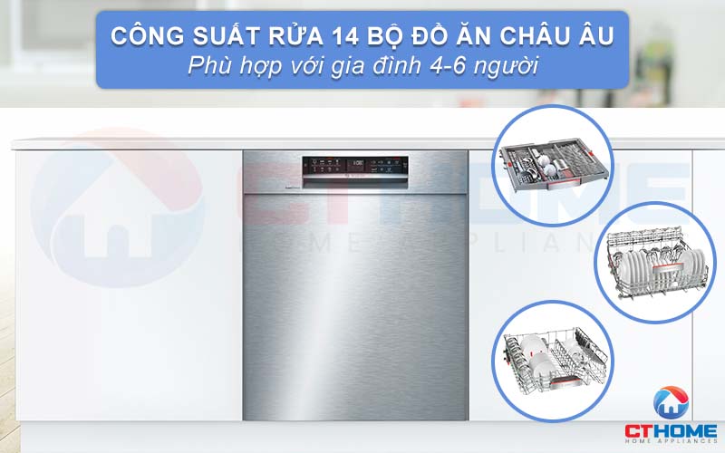Máy rửa chén Bosch SMU68TS02E Serie 6 có thể rửa tối đa 14 bộ đồ ăn châu Âu