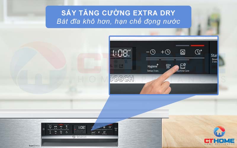 Tính năng sấy tăng cường Extra Dry trên máy rửa chén Bosch SMU68TS02E