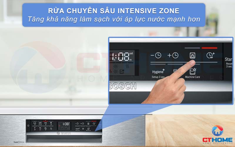 Tính năng Intensive Zone tăng áp lực rửa giàn dưới cùng của máy rửa bát Bosch SMU68TS02E
