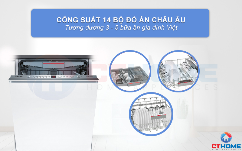 Máy rửa bát Bosch SMV46MX03E có công suất rửa lên tới 14 bộ đồ ăn Châu Âu