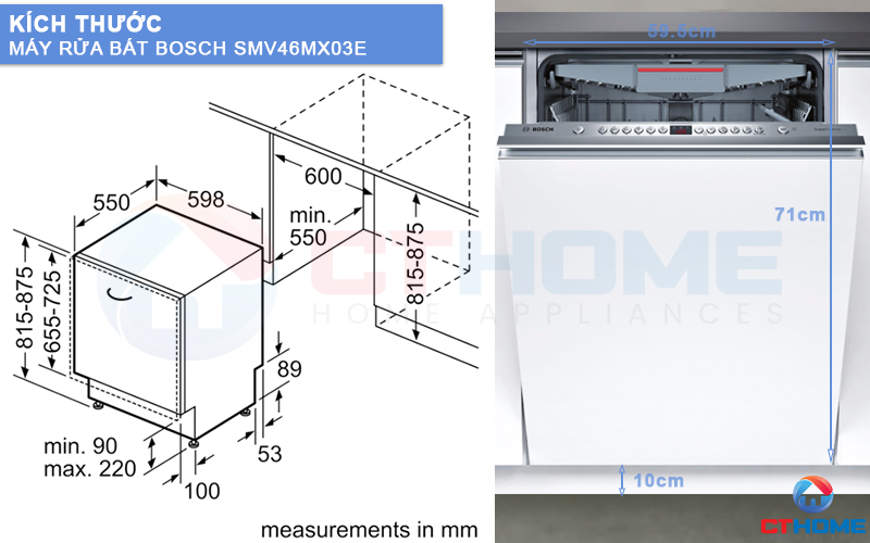 Kích thước máy rửa bát Bosch âm tủ SMV46MX03E và tấm ốp gỗ