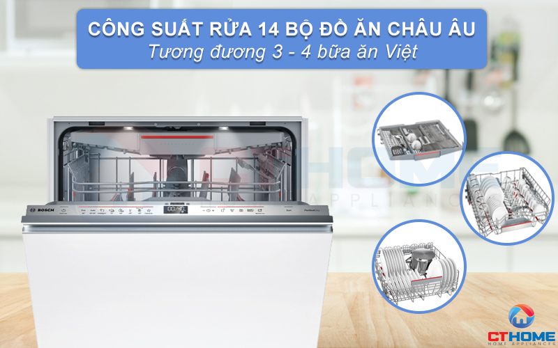 Dung tích rửa lớn, công suất rửa 14 bộ đồ ăn phù hợp gia đình 4-6 người