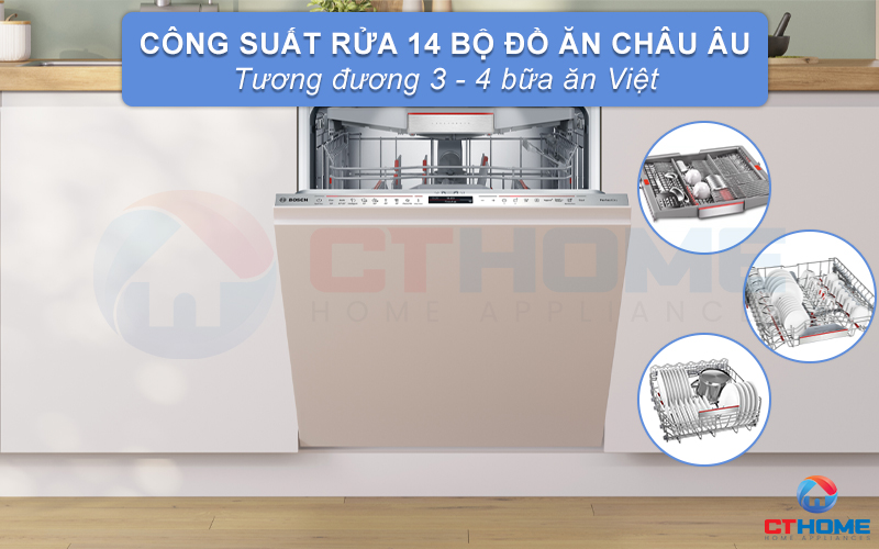 Dung tích rửa lớn, công suất rửa 14 bộ đồ ăn phù hợp gia đình 4-6 người