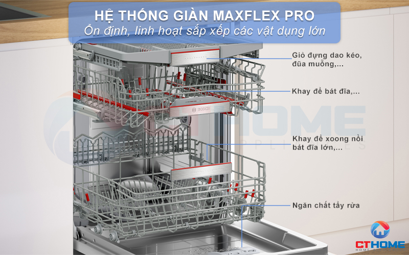 Giàn rửa MaxFlex Pro linh hoạt cùng khớp nối Rackmatic khay điều chỉnh 3 nấc sắp xếp gọn gàng 