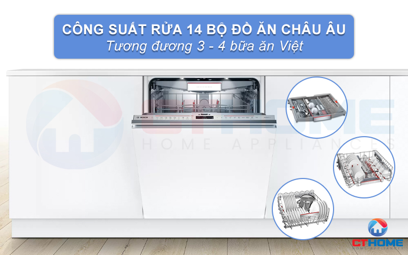 Máy rửa chén bát SMV8YCX03E có công suất rửa lớn lên tới 14 bộ đồ ăn Châu Âu