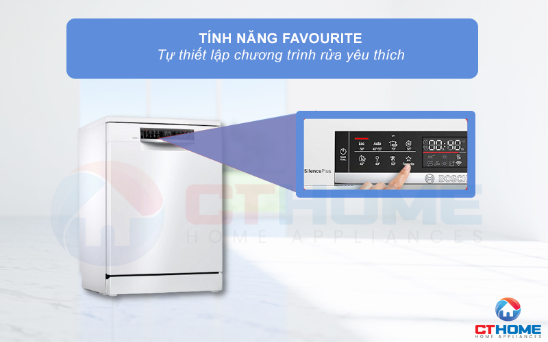 Máy rửa bát Bosch SMS6ECW57E cho phép bạn tự thiết lập chương trình rửa yêu thích với nút Favourite